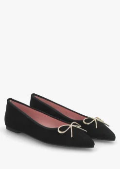 Outlet PRETTY BALLERINA Ella Black Suede Diamante Bow Pointed Toe Ballet Pumps