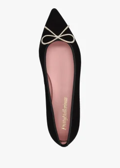 Outlet PRETTY BALLERINA Ella Black Suede Diamante Bow Pointed Toe Ballet Pumps