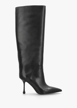 Fashion DANIEL Elodie Black Leather Sculpted Heel Knee Boots