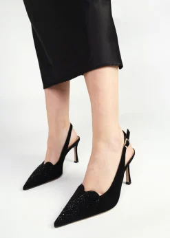 Discount DANIEL Elove Black Suede Crystal Heart Toe Cap Heeled Sling Backs