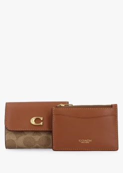 Outlet COACH Essential Signature Coated Canvas Tan Caramel Card Holder Wallet