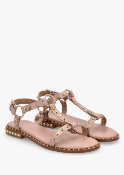 Fashion DANIEL Everlast Nude Leather T Bar Studded Sandals