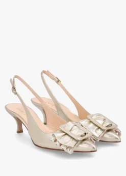 Sale DANIEL Galina Gold Leather Raffia Bow Heeled Sling Backs