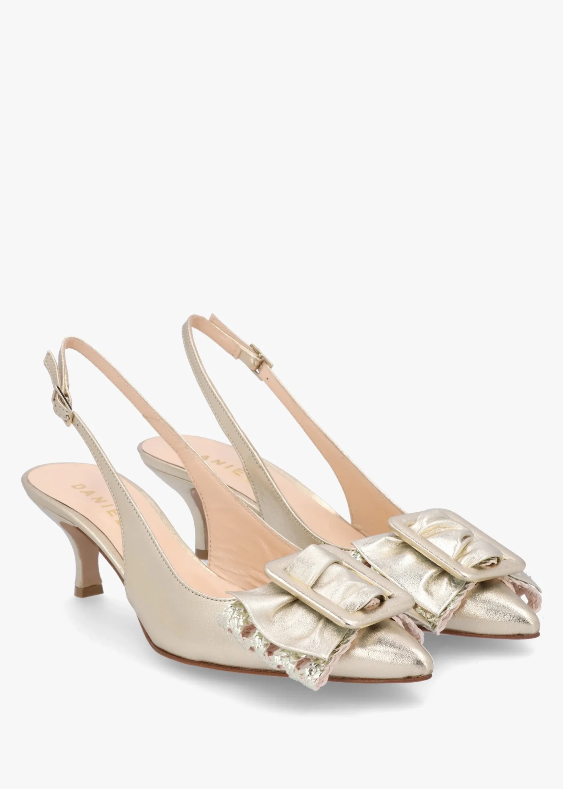 Sale DANIEL Galina Gold Leather Raffia Bow Heeled Sling Backs