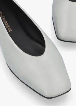 New EMPORIO ARMANI Grey Leather Square Toe Ballet Pumps