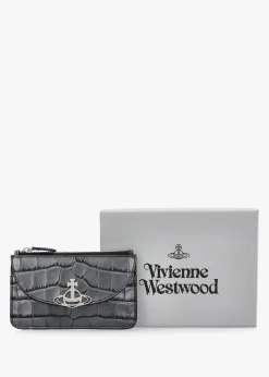 Fashion VIVIENNE WESTWOOD Half Moon Embossed Croc Anthracite Leather Card Holder