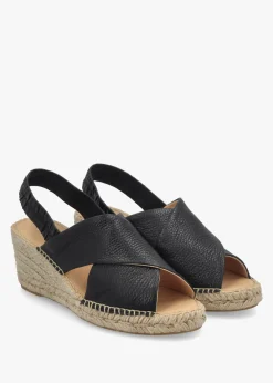Outlet DANIEL Jossy Black Leather Cross Strap Sling Back Wedge Espadrilles