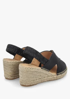 Outlet DANIEL Jossy Black Leather Cross Strap Sling Back Wedge Espadrilles
