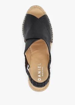 Outlet DANIEL Jossy Black Leather Cross Strap Sling Back Wedge Espadrilles