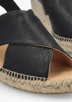 Outlet DANIEL Jossy Black Leather Cross Strap Sling Back Wedge Espadrilles