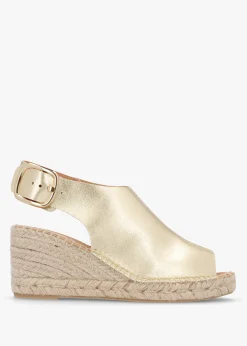 Fashion DANIEL Kathie Gold Leather Peep Toe Sling Back Wedge Espadrilles