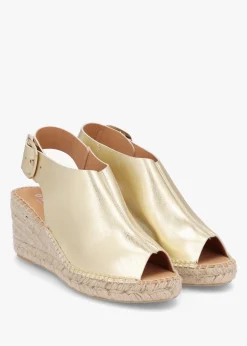 Fashion DANIEL Kathie Gold Leather Peep Toe Sling Back Wedge Espadrilles
