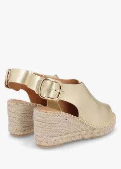 Fashion DANIEL Kathie Gold Leather Peep Toe Sling Back Wedge Espadrilles