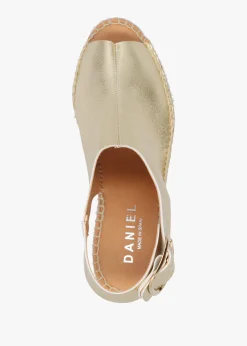 Fashion DANIEL Kathie Gold Leather Peep Toe Sling Back Wedge Espadrilles
