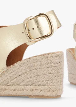 Fashion DANIEL Kathie Gold Leather Peep Toe Sling Back Wedge Espadrilles