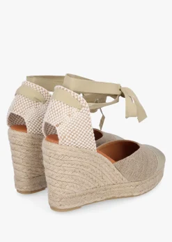 New DANIEL Kendall Beige Textile Gold Leather Toe Cap Wedge Espadrilles