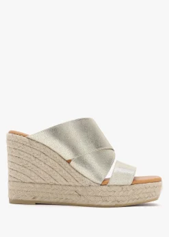 Discount DANIEL Khloe Gold Cross Strap Wedge Espadrille Mules