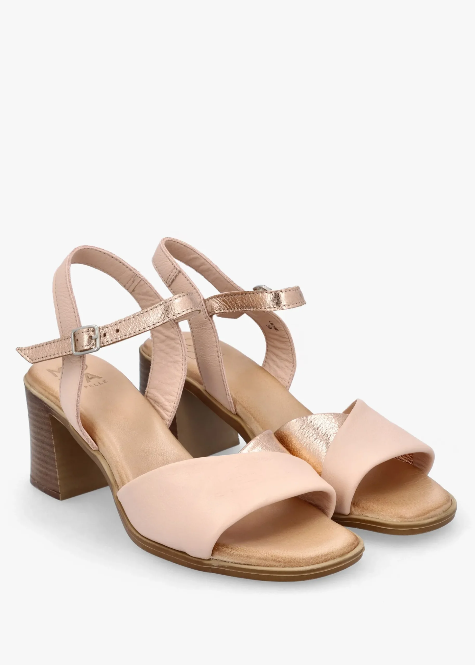 Discount MODA IN PELLE Lanie Pink & Rose Gold Leather Block Heel Sandals