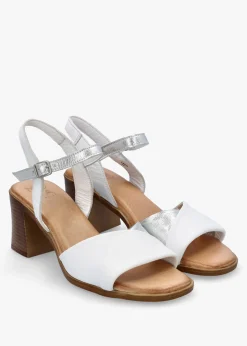 Sale MODA IN PELLE Lanie White & Silver Leather Block Heel Sandals