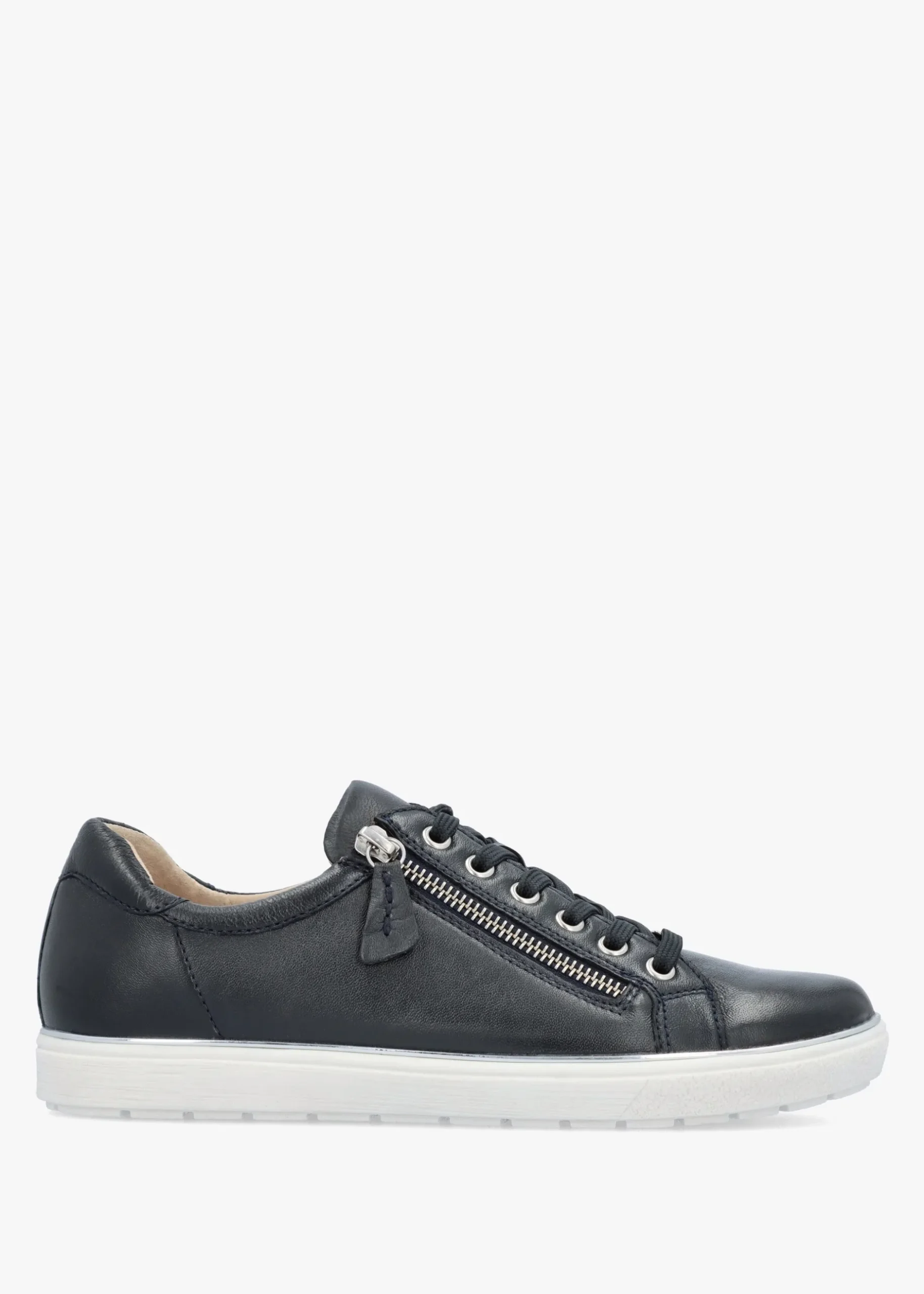 New CAPRICE Navy Leather Side Zip Trainers