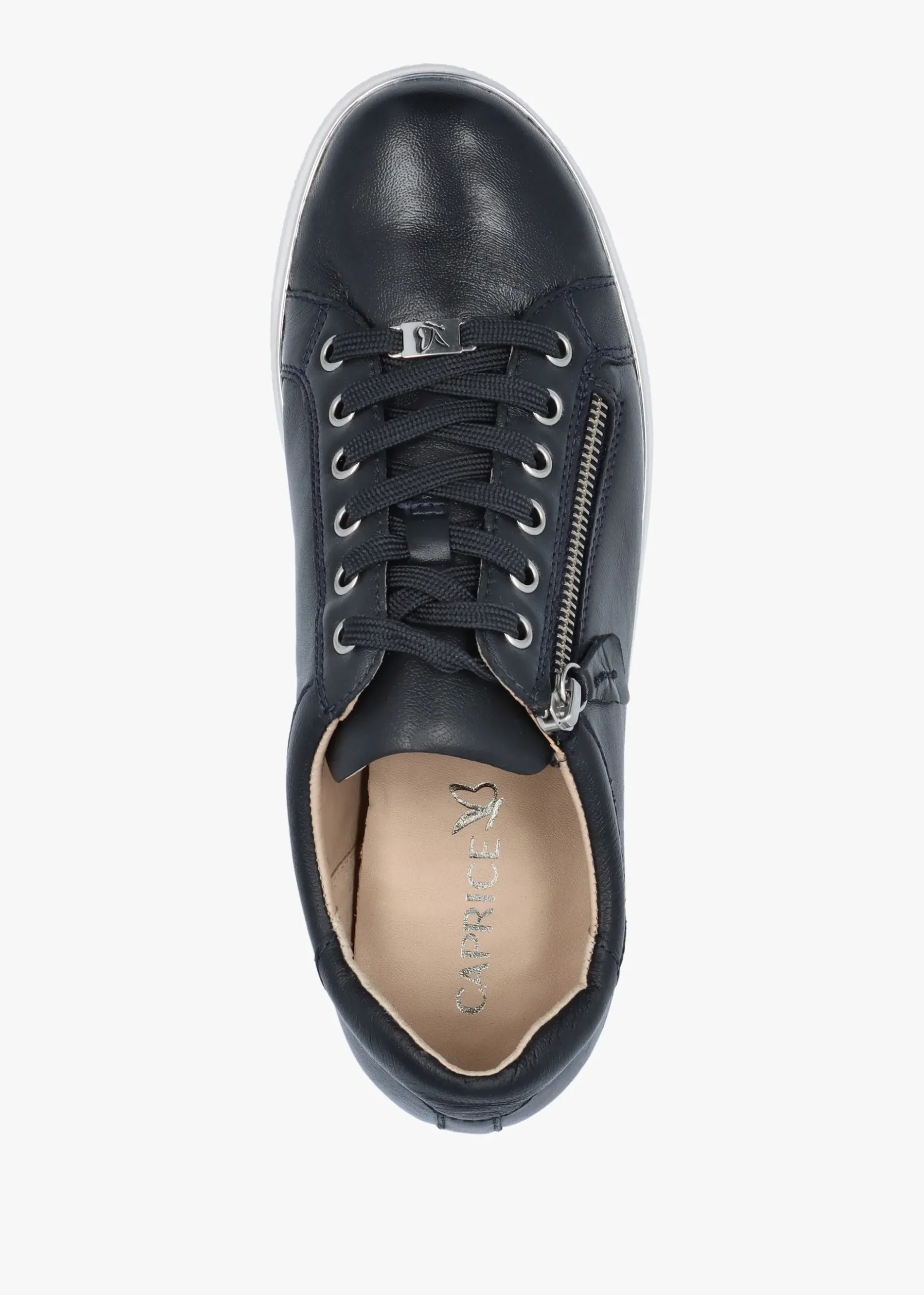New CAPRICE Navy Leather Side Zip Trainers