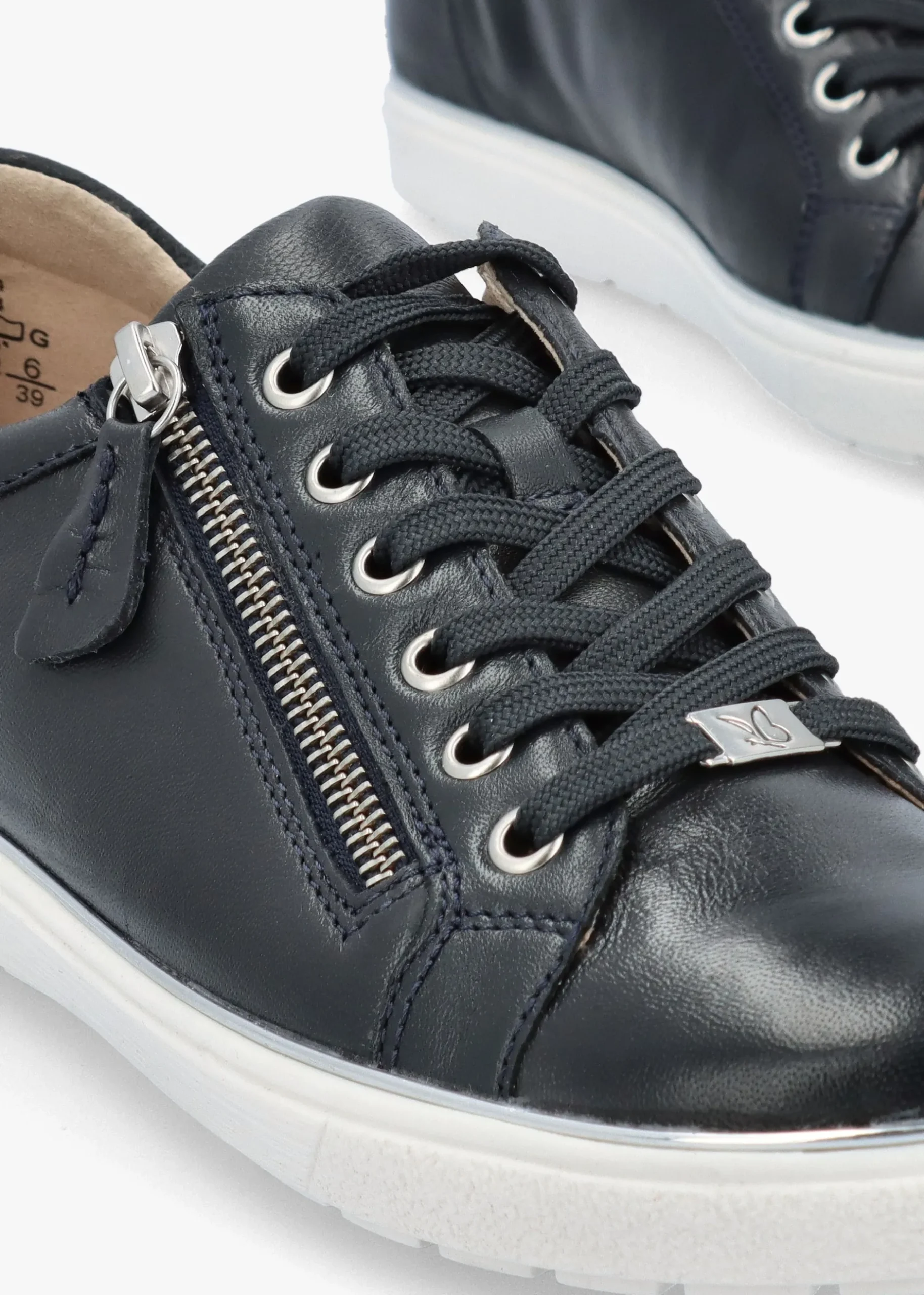 New CAPRICE Navy Leather Side Zip Trainers