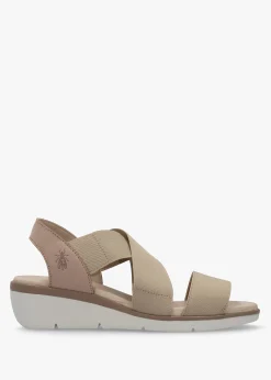Outlet FLY LONDON Noli Taupe Leather Elasticated Low Wedge Sandals