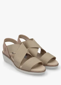 Outlet FLY LONDON Noli Taupe Leather Elasticated Low Wedge Sandals