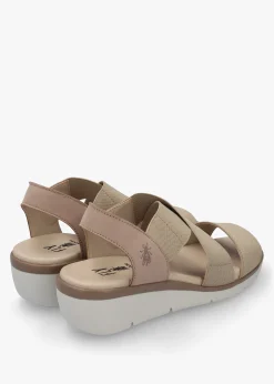 Outlet FLY LONDON Noli Taupe Leather Elasticated Low Wedge Sandals