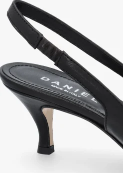 Fashion DANIEL Nouche Black Leather Rouched Kitten Heel Sling Backs