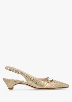 Fashion DANIEL Nux Gold Leather Reptile Low Heel Court Shoes