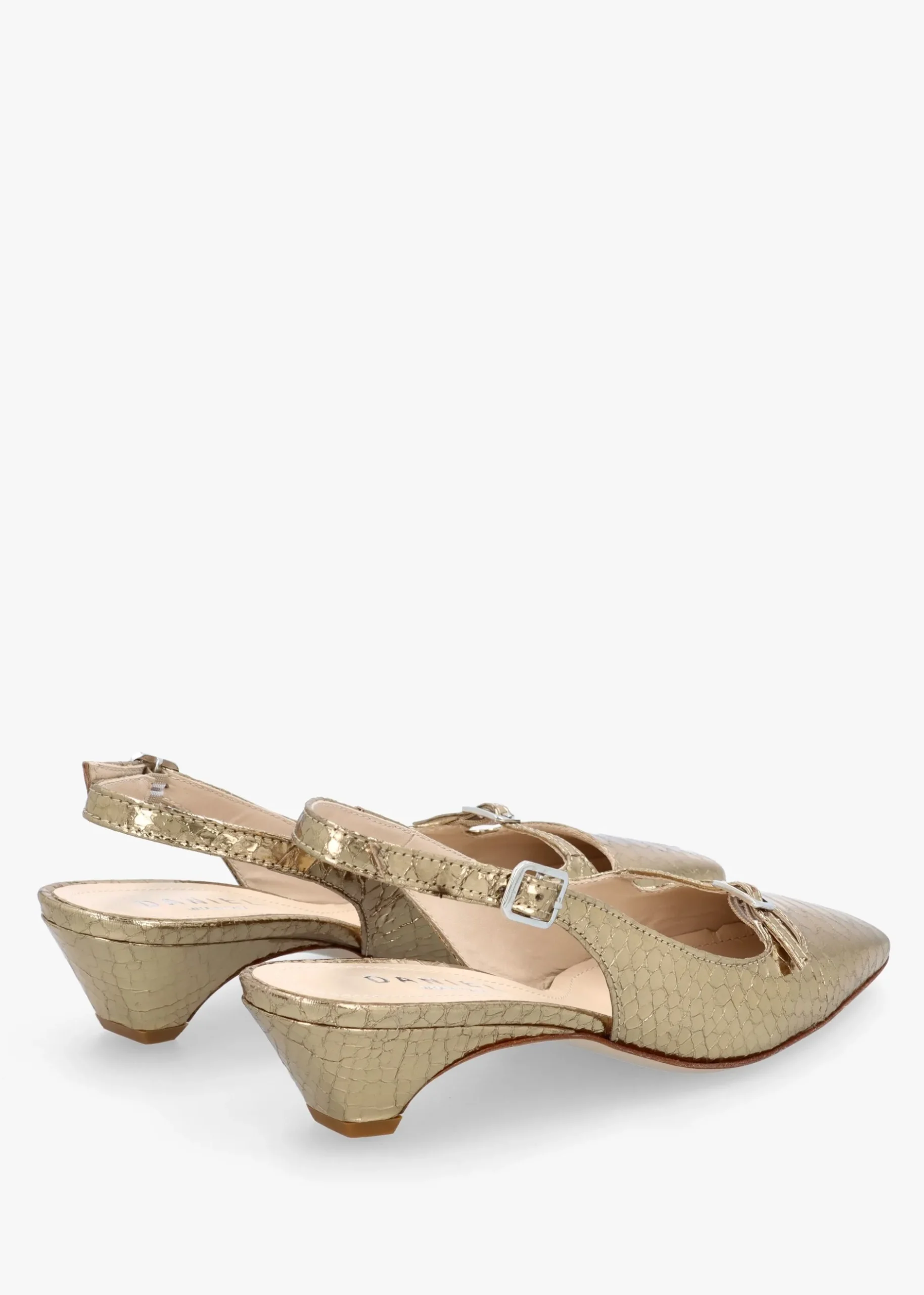 Fashion DANIEL Nux Gold Leather Reptile Low Heel Court Shoes