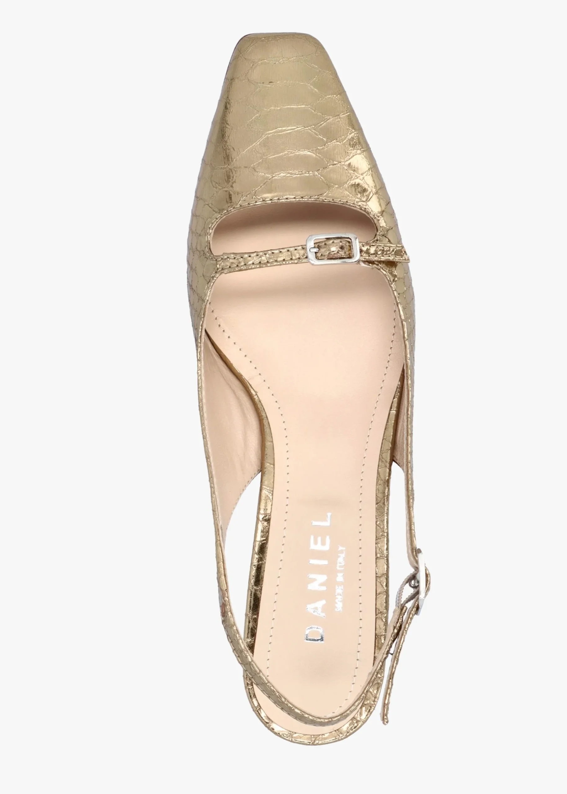 Fashion DANIEL Nux Gold Leather Reptile Low Heel Court Shoes