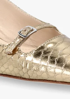 Fashion DANIEL Nux Gold Leather Reptile Low Heel Court Shoes