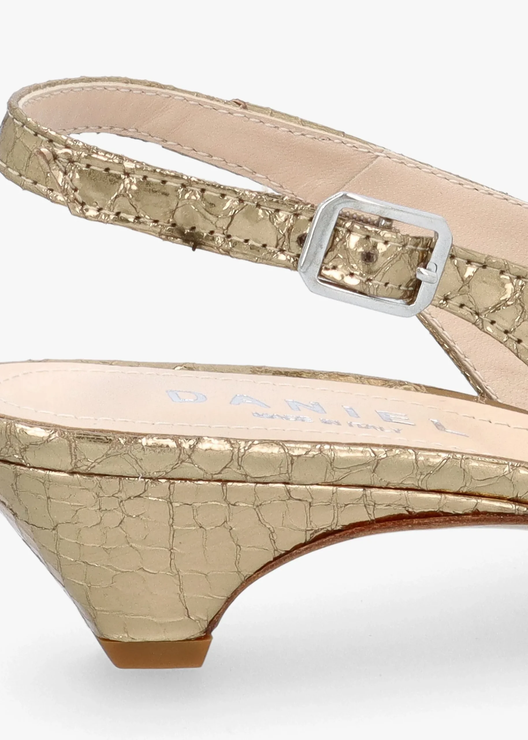 Fashion DANIEL Nux Gold Leather Reptile Low Heel Court Shoes