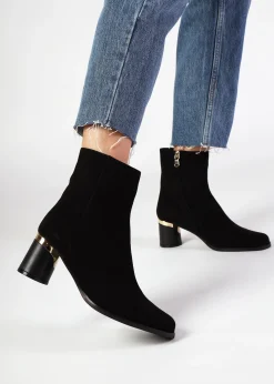 New DANIEL Penelope Black Suede Gold Trim Heeled Ankle Boots