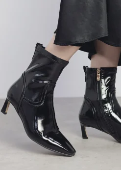 New MODA IN PELLE Petuniah Black Patent Leather Kitten Heel Ankle Boots