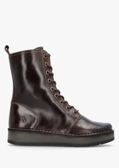 Hot FLY LONDON Rami Dark Brown Rug Leather Lace Up Ankle Boots