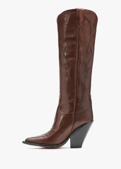Best SONORA Rancho Maxi Flower Brown Leather Western Knee Boots