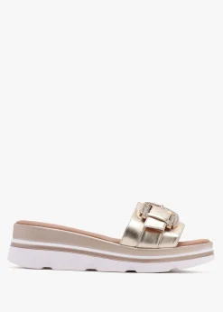 Fashion DANIEL Recrys Gold Leather Embellished Flat Mules