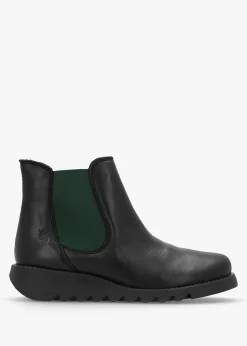 Outlet FLY LONDON Salv Black & Green Leather Wedge Chelsea Boots