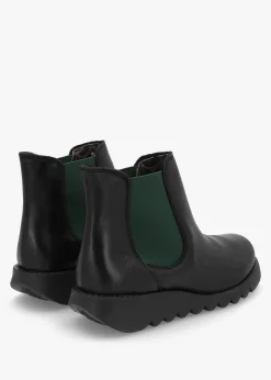 Outlet FLY LONDON Salv Black & Green Leather Wedge Chelsea Boots