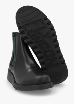 Outlet FLY LONDON Salv Black & Green Leather Wedge Chelsea Boots