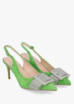 Fashion DANIEL Samantha Green Suede Diamante Buckle Heeled Sling Backs