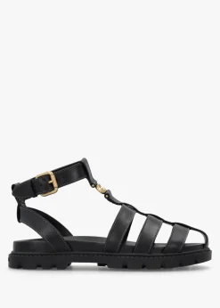 Discount COACH Sculpted C Fisherman Black Leather Sandals
