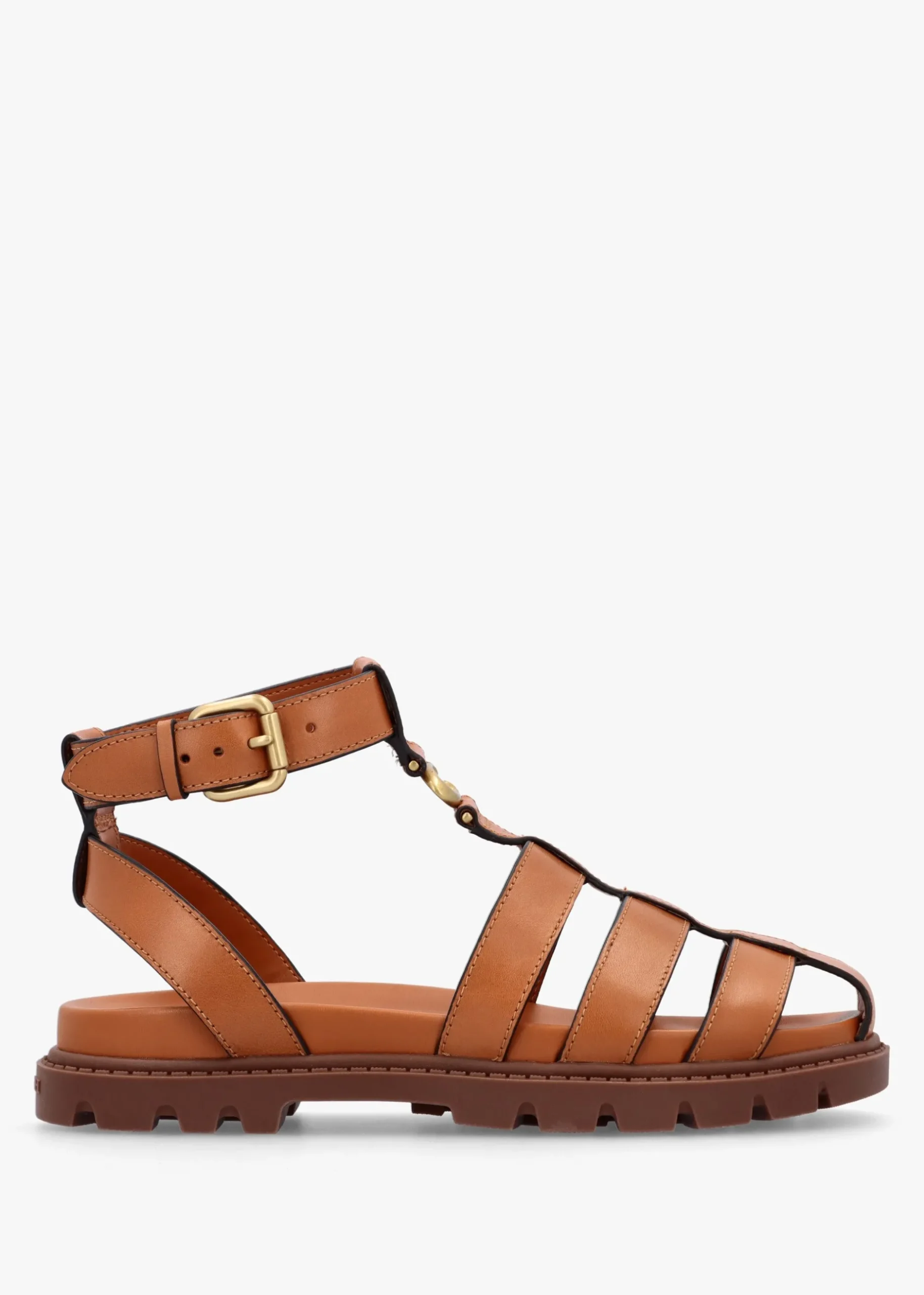 Fashion COACH Sculpted C Fisherman Cognac Leather Sandals