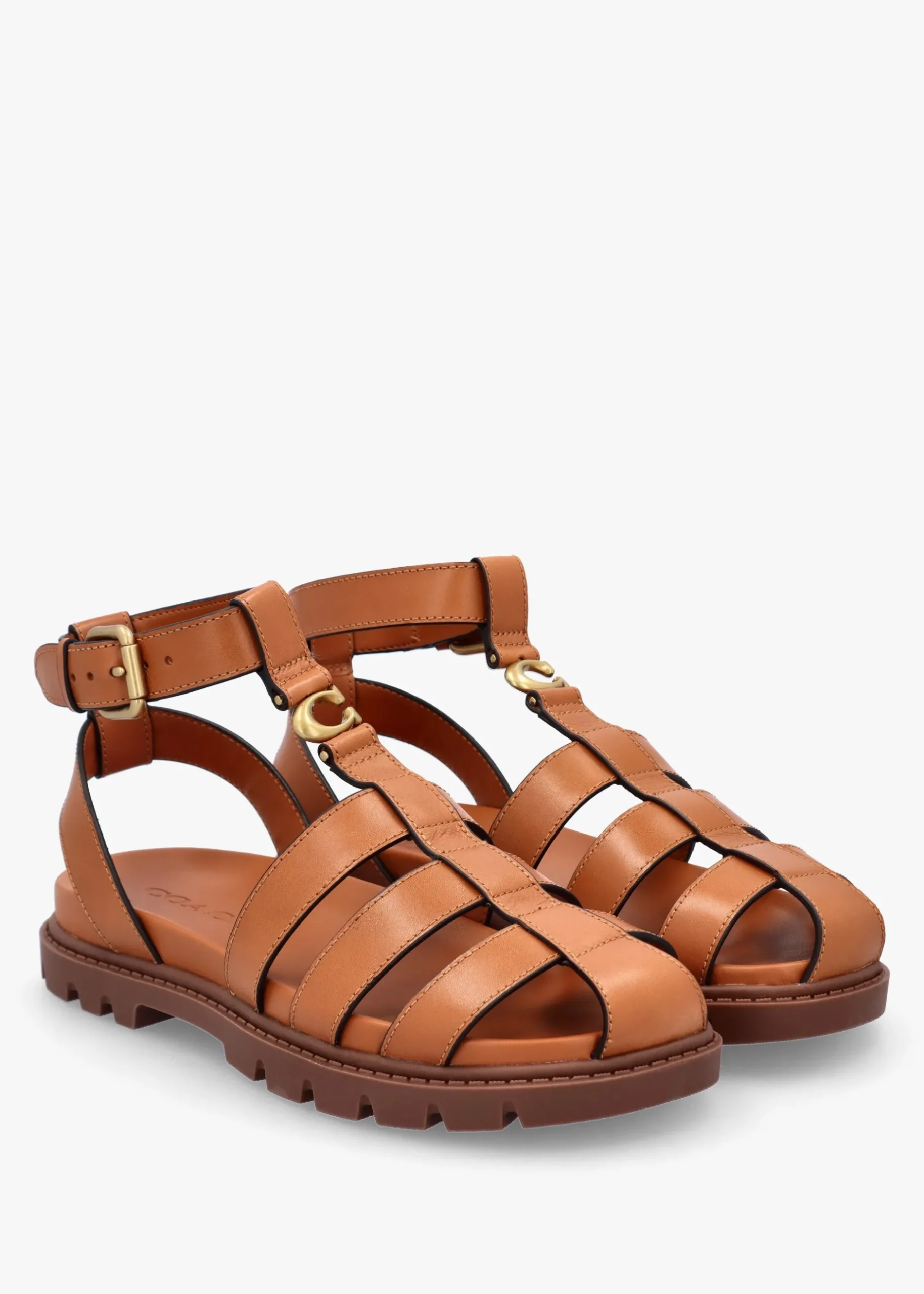 Fashion COACH Sculpted C Fisherman Cognac Leather Sandals