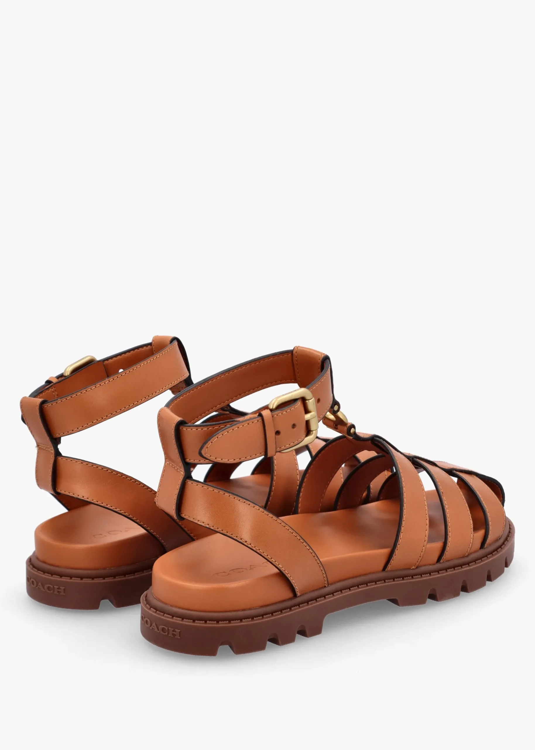 Fashion COACH Sculpted C Fisherman Cognac Leather Sandals