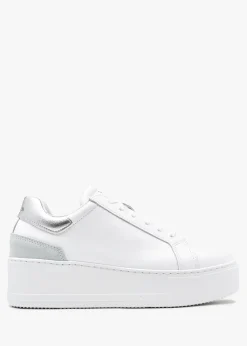 New DANIEL Sibley White Leather Silver Flash Flatform Trainers