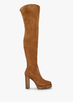 Hot DANIEL Sippy Tan Suede Over The Knee Platform Heeled Boots